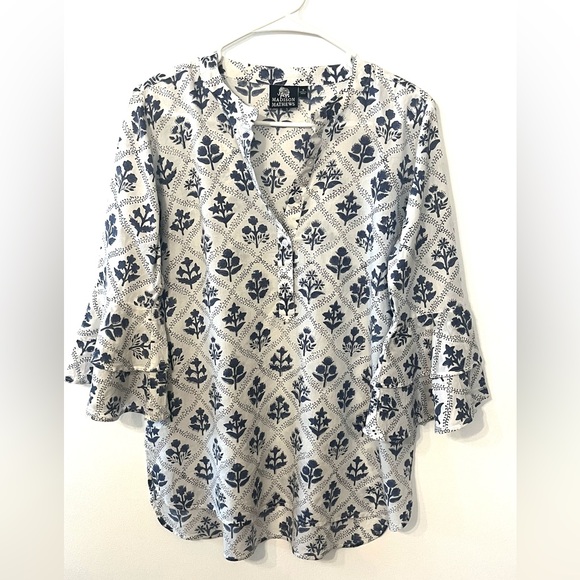 Madison Matthew’s boho floral blue white cotton tunic tiered ruffle sleeve Small - Picture 2 of 7